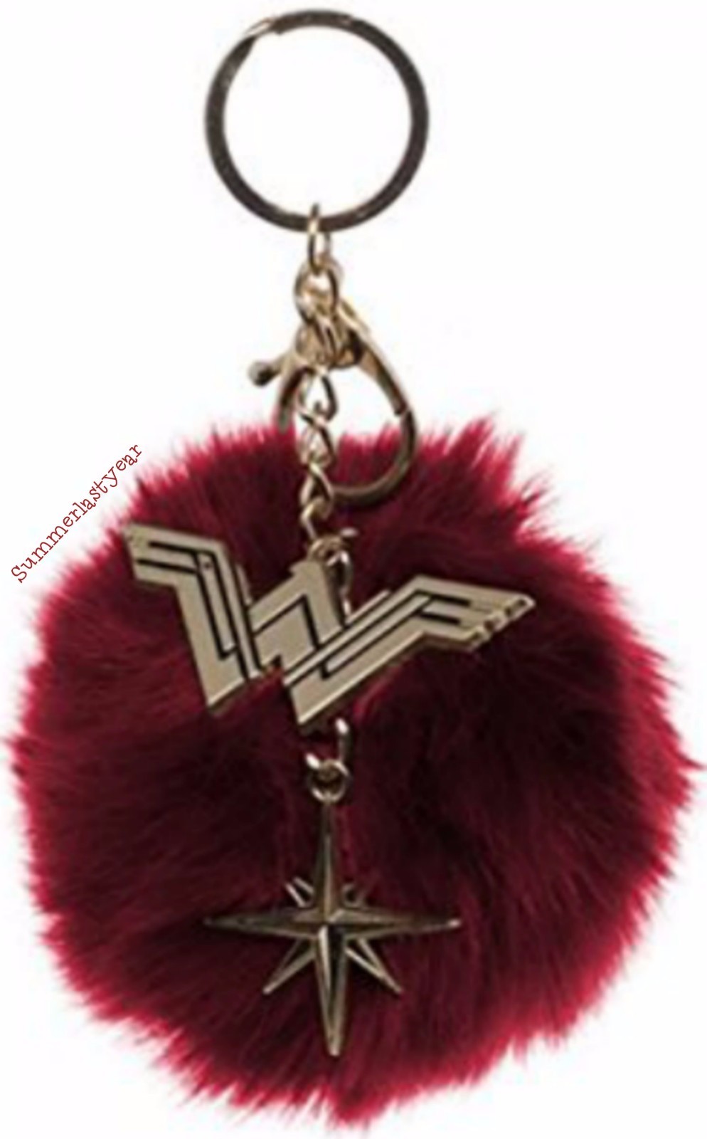 LICENSED WONDER WOMAN MOVIE LOGO DC COMICS FURRY POM POM KEYRING WITH BAG CLIP