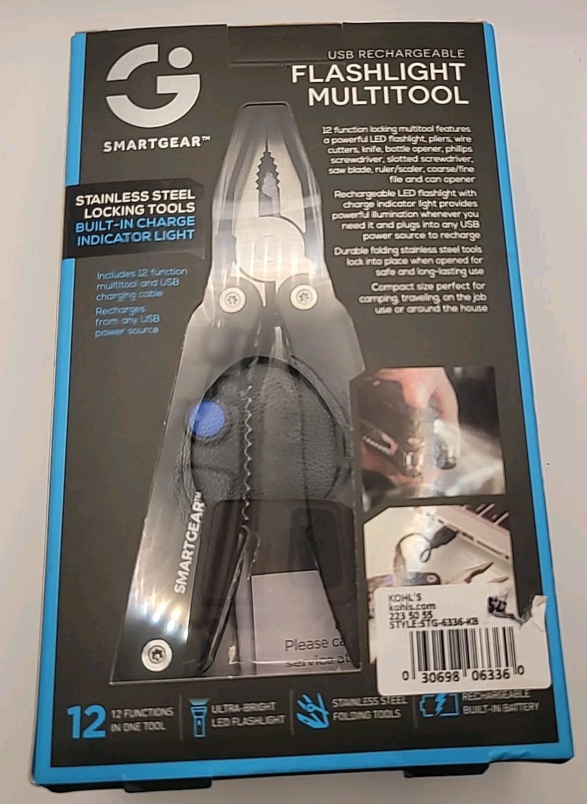 Smart Gear 12 In 1 Multitool Led Flashlight USB Rechargeable SS Locking Tool NIB
