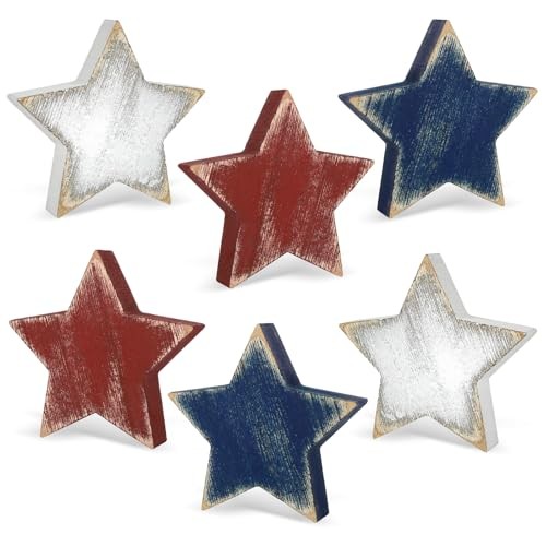 4th of July Decorations Wooden Star Set of 6, Red White and Blue Decorations,