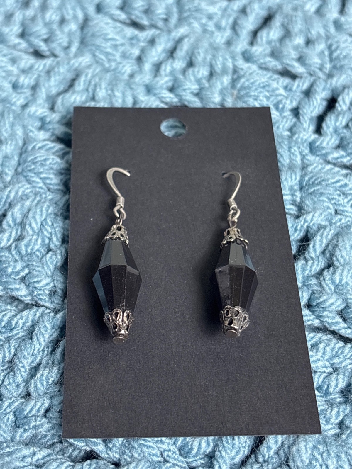 Vintage Black Plastic Bead Dangle Earrings Silvertone 1.5 inches
