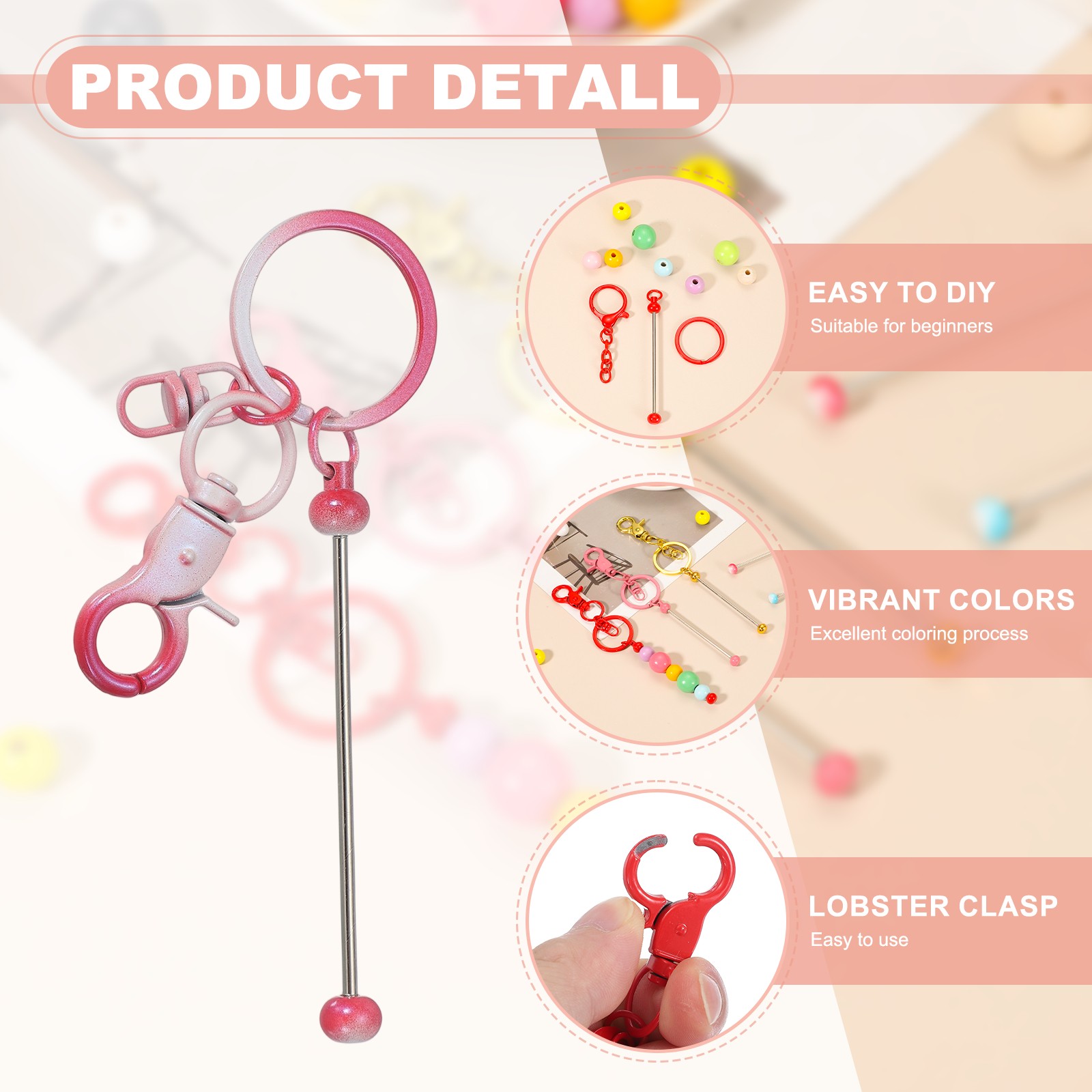 18Pcs Beadable Keychains, DIY Beaded Keychain Making Kit, Gradient Color