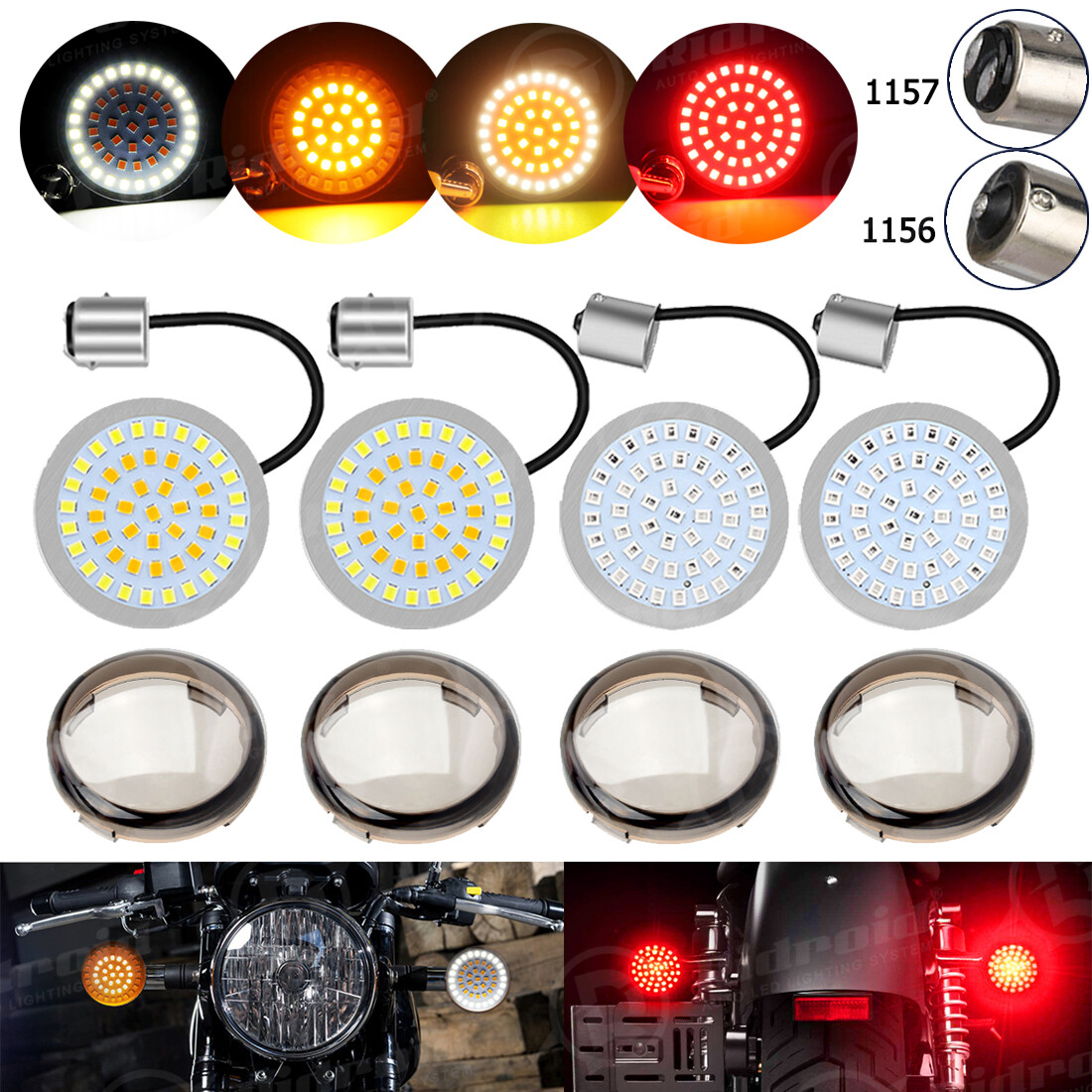 1157 Front & 1156 Rear LED Bullet Turn Signal Brake Lights Smoke Lens for Harley