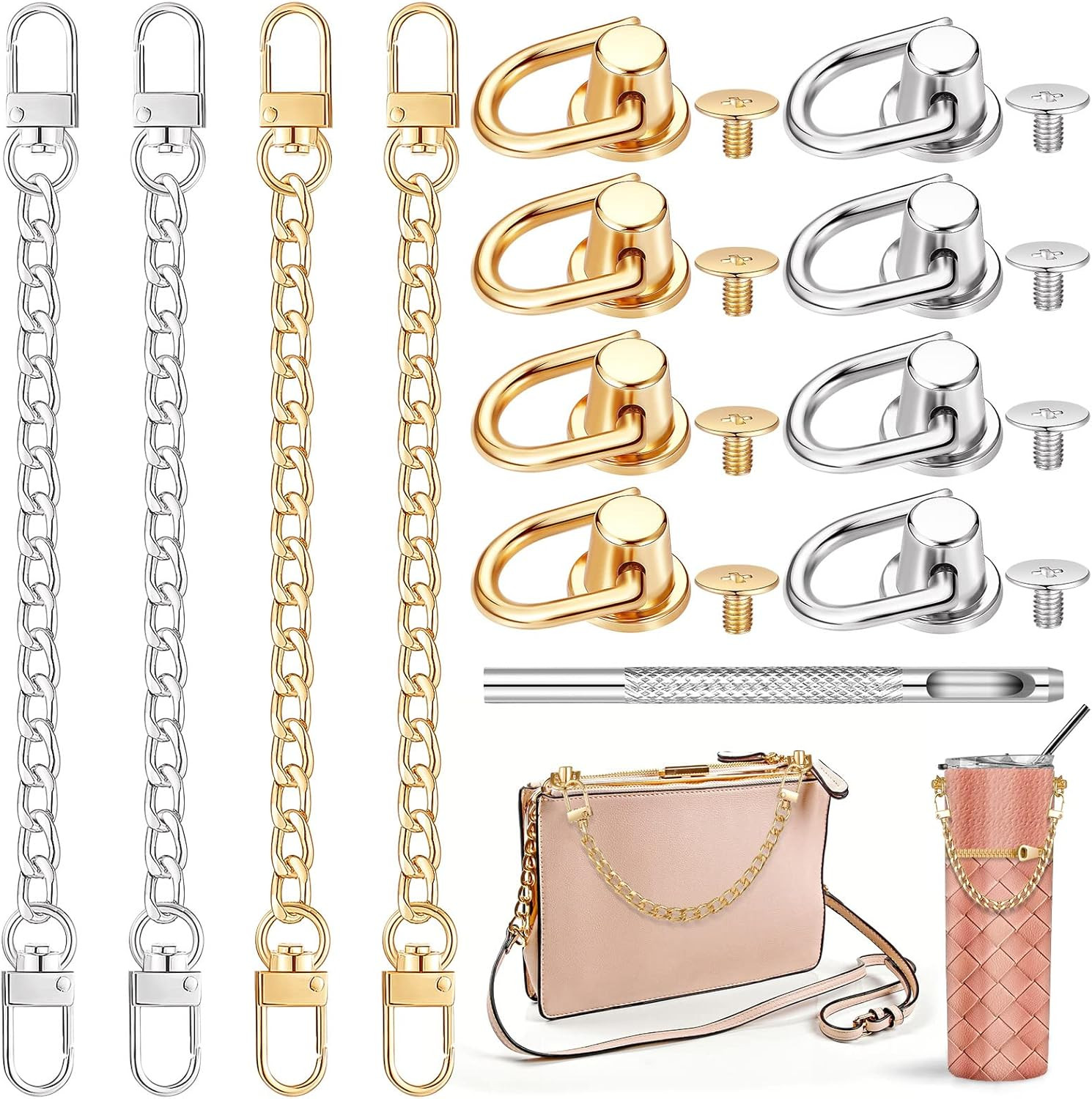 4 Pcs Purse Chain Strap Extender 7.9 Inch Purse Chain and 8 Pcs Studs Rivets D R