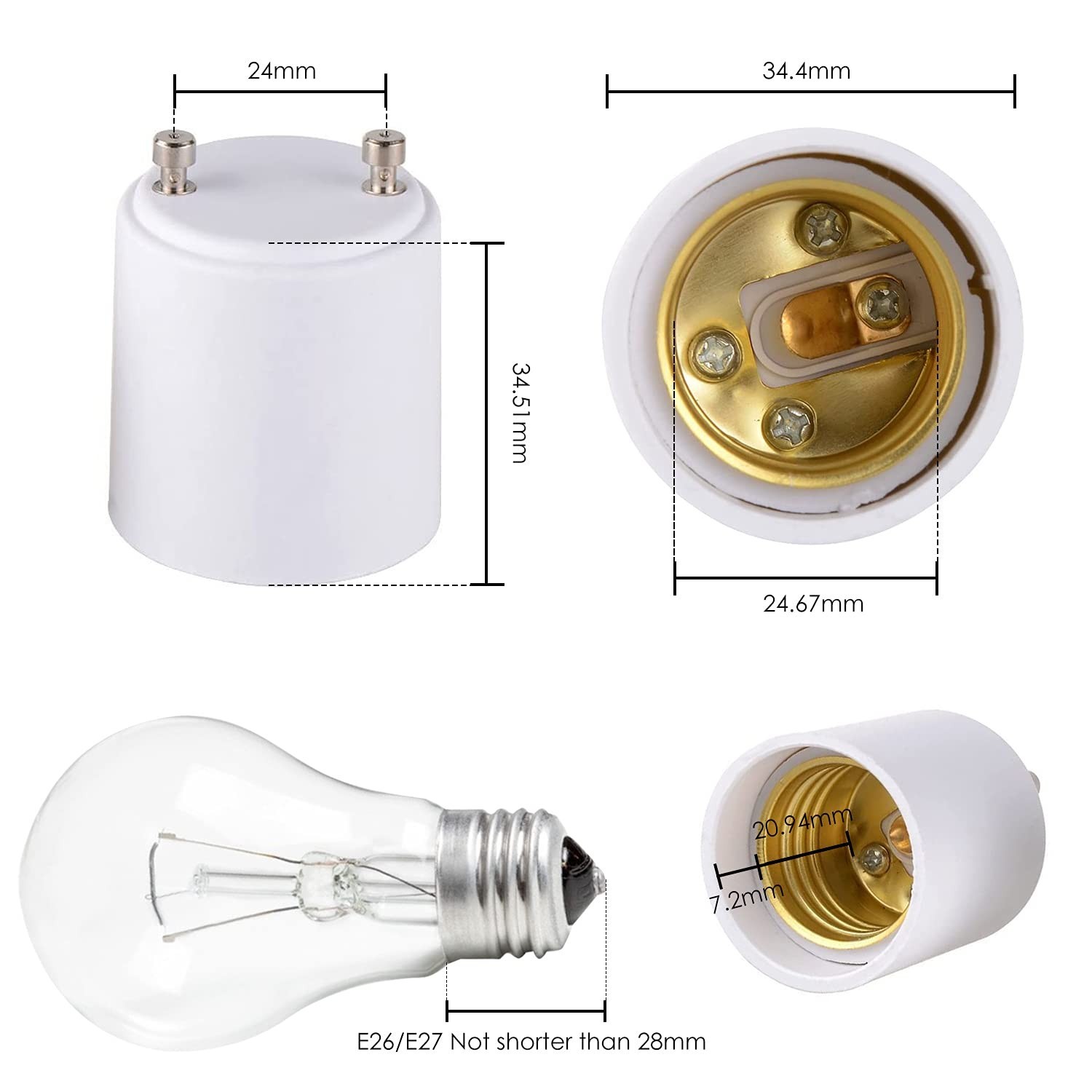 GU24 to E27/E26 Bulb Adapter 2-Pack - Safe, Durable, Easy Installation