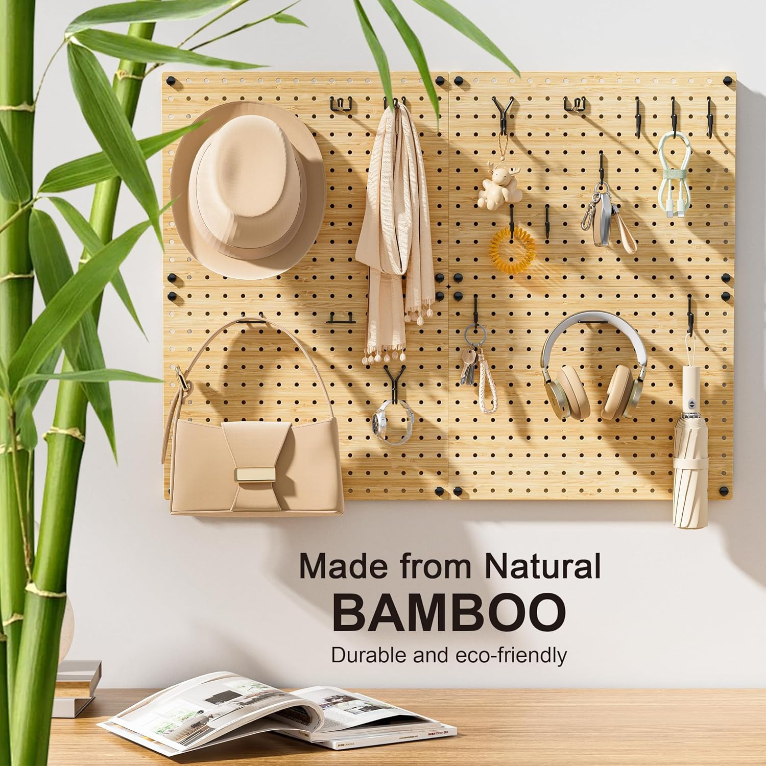 Eco Friendly Bamboo Pegboard Organizer Set 39 Piece 4 Panel Wall Storage 35Hooks