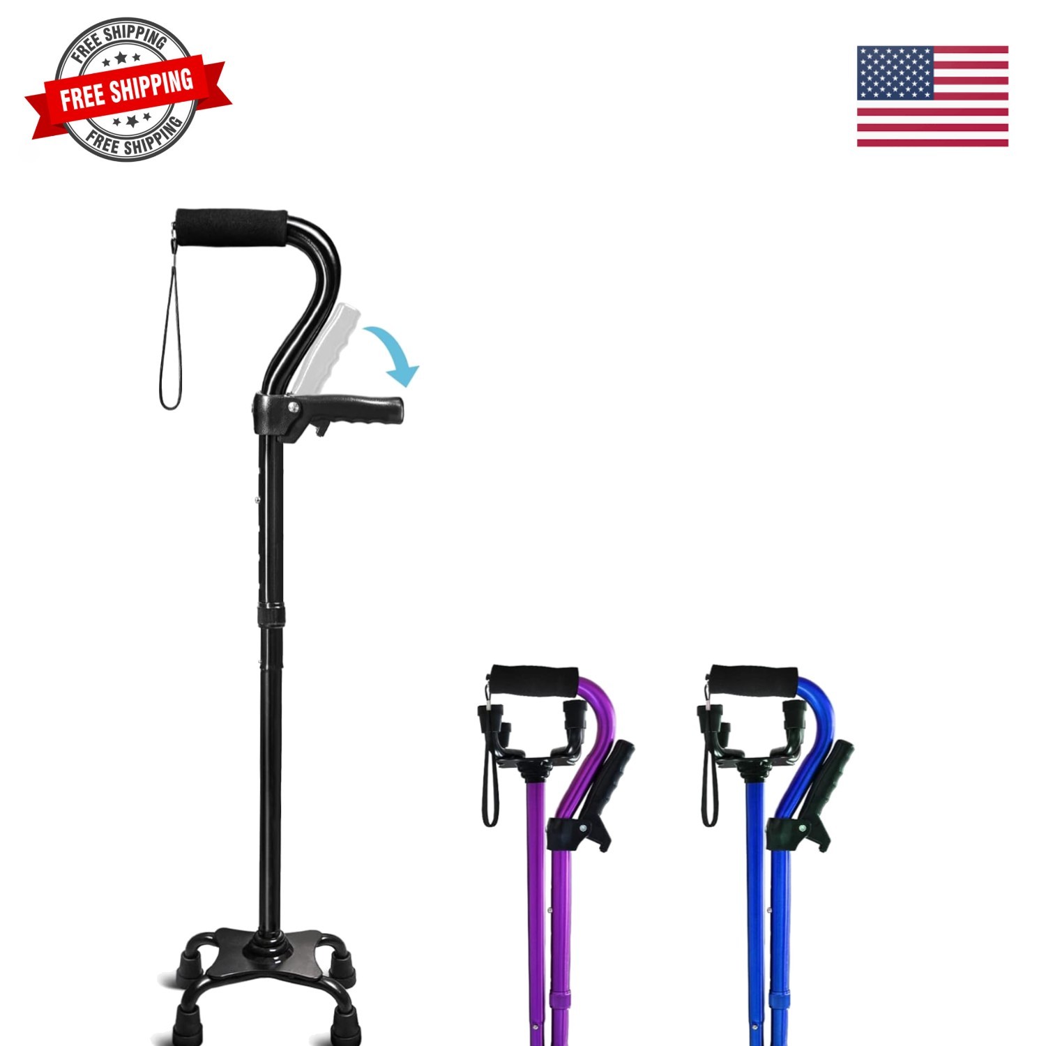 Adjustable Walking Cane for Men & Women with 4-Pronged Base for Extra Stabili...