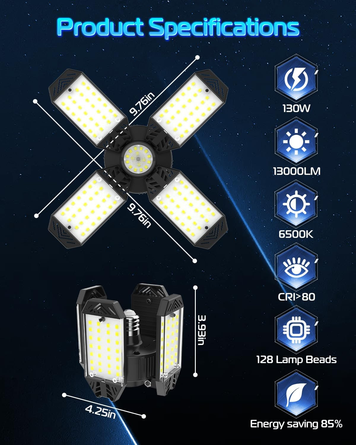 LED Garage Light - 4 Pack 130W 13000LM Deformable 4+1 Panel LED Garage Ceiling L