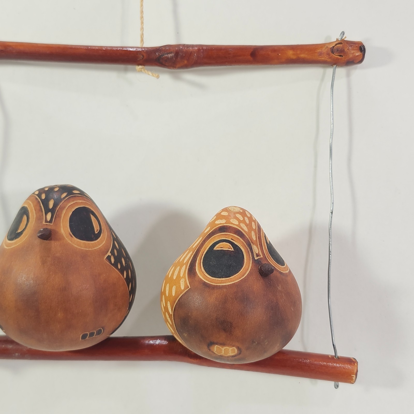 Peruvian Gourd Art Two Perched Owls Birds on Branch Hanging Decor Lucuma Peru