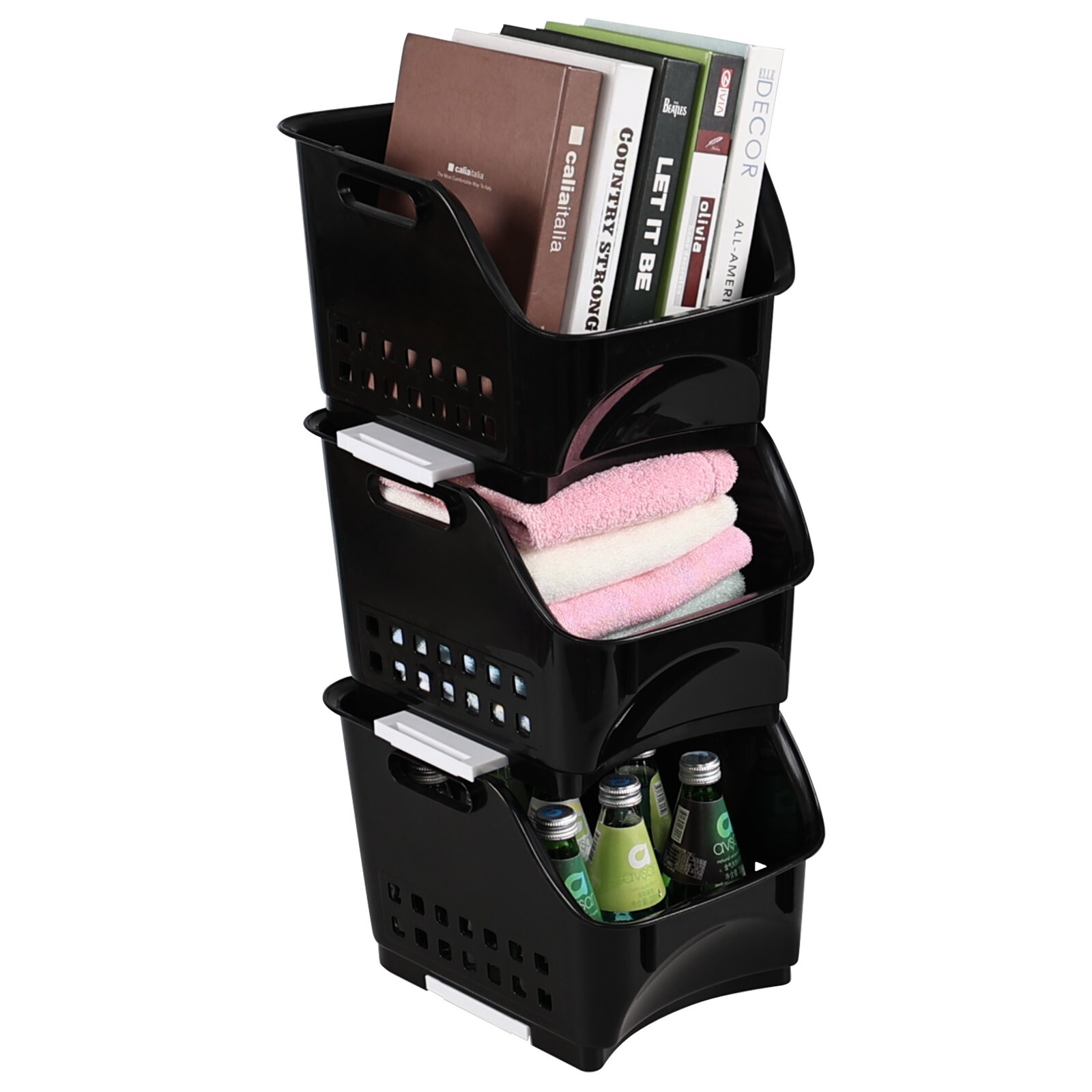 3 Packs Plastic Stacking Storage Basket, Large Detachable Stacking Bins, Black