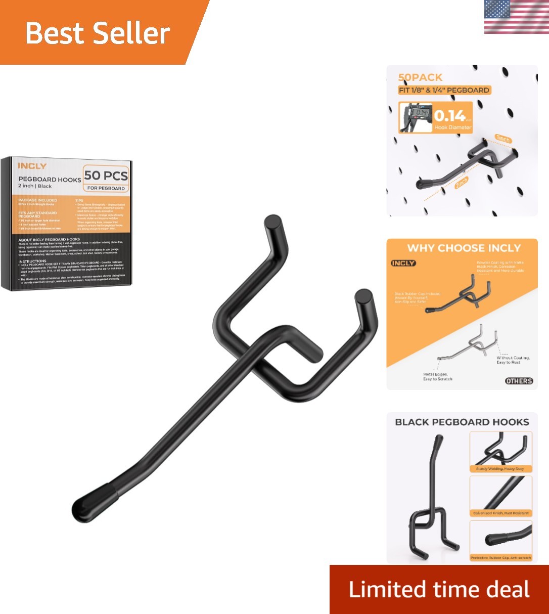 Versatile 50 Pack Black Pegboard Hooks - 2 Inch for Efficient Storage Solutions