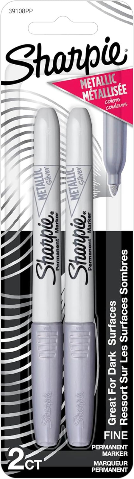 Sharpie Metallic Permanent Markers, Fine Point, Silver, 2 Count - for Black Pape