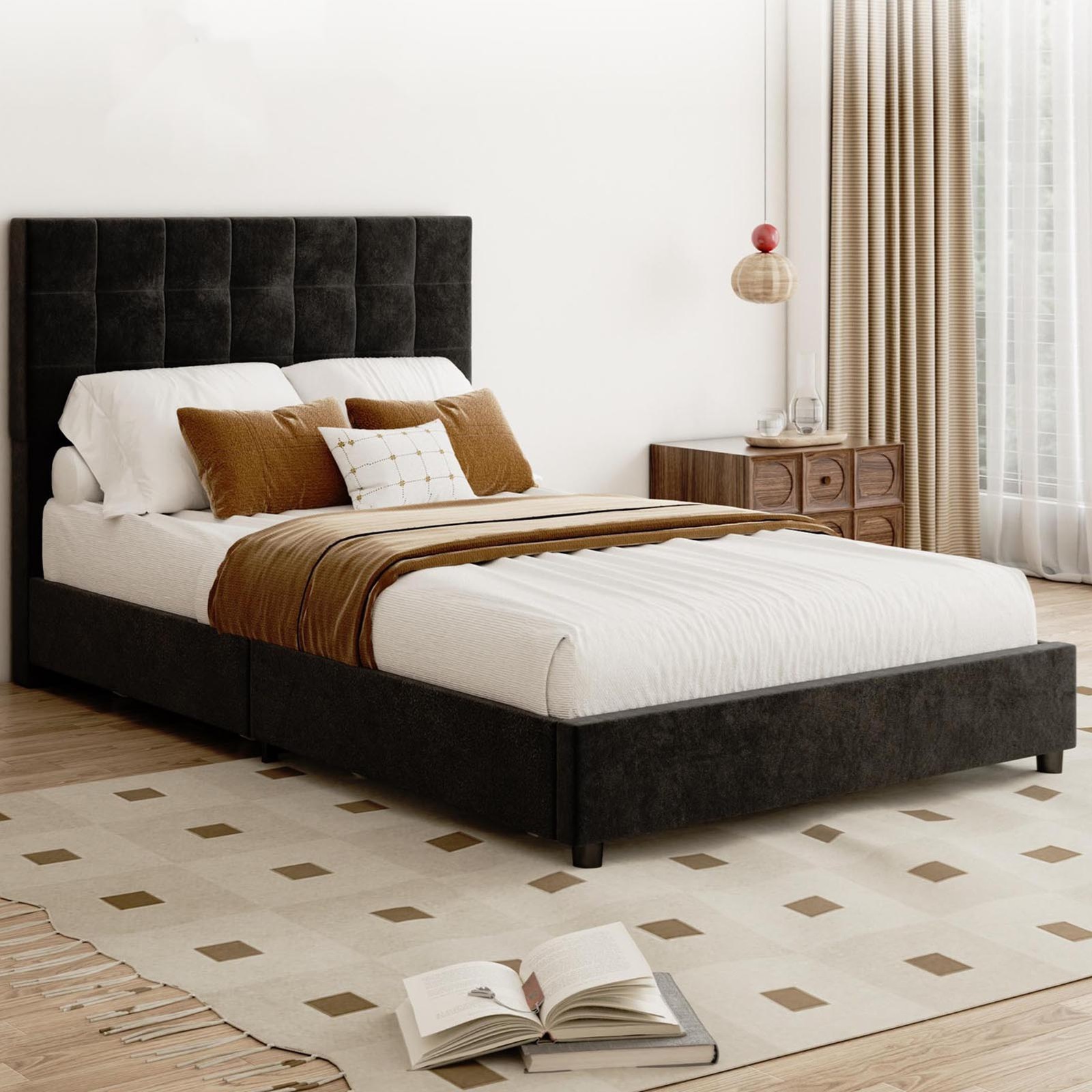 Modern Black Bed Frame Full Platform Bed 4 Storage Drawers Bedroom Furniture