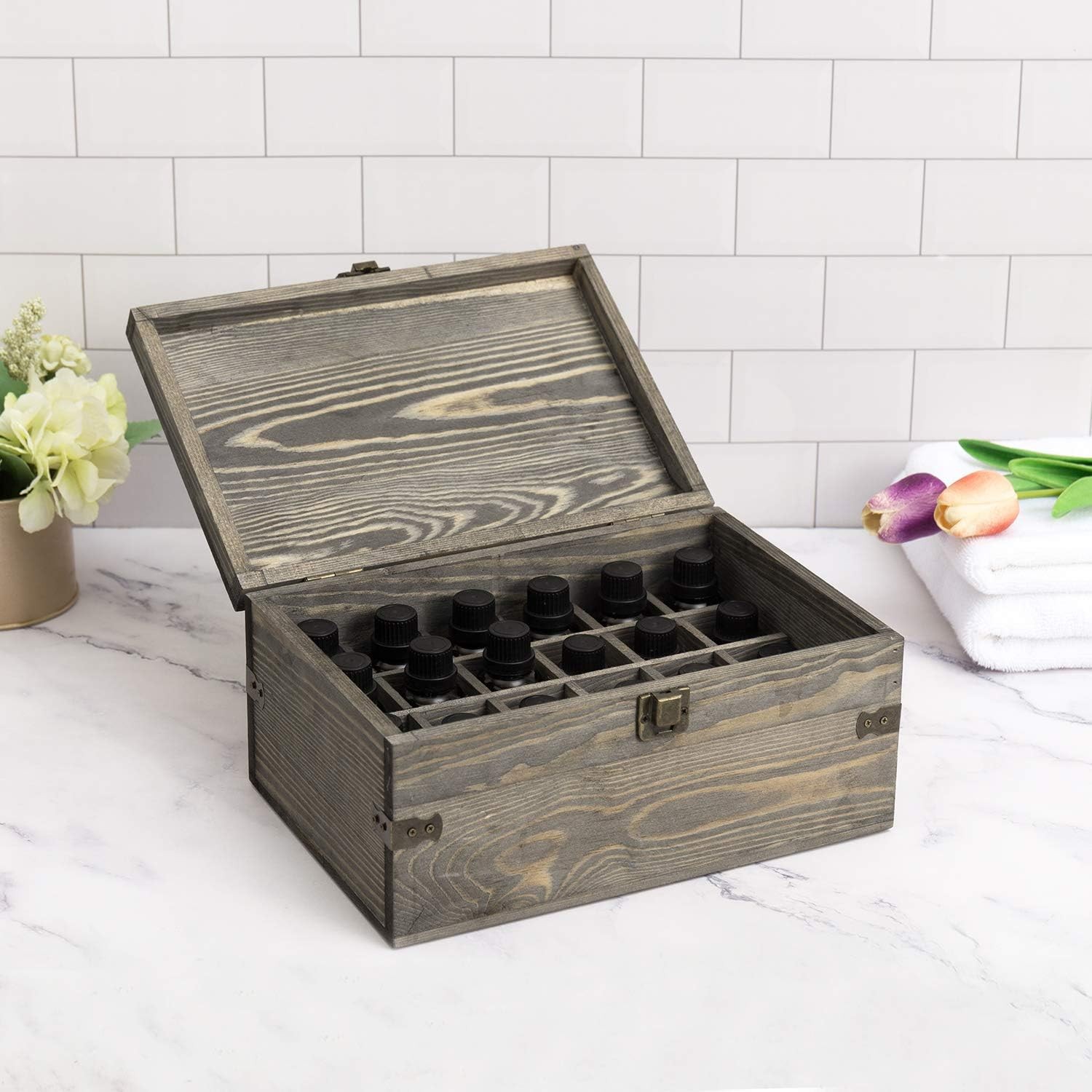 My 24 Slot Wooden ential Oil Bottle Stora Box, Vinta Gray Wood