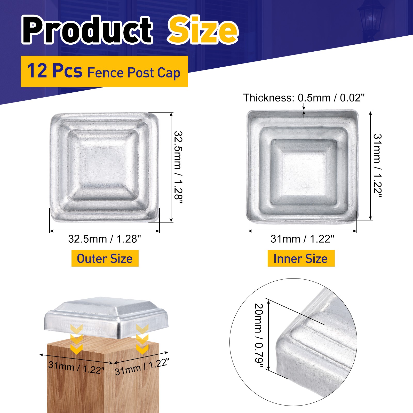 12Pcs Fence Post Cap, Galvanized Deck Post Caps Fit 1.2" x 1.2" Pipe, Silver