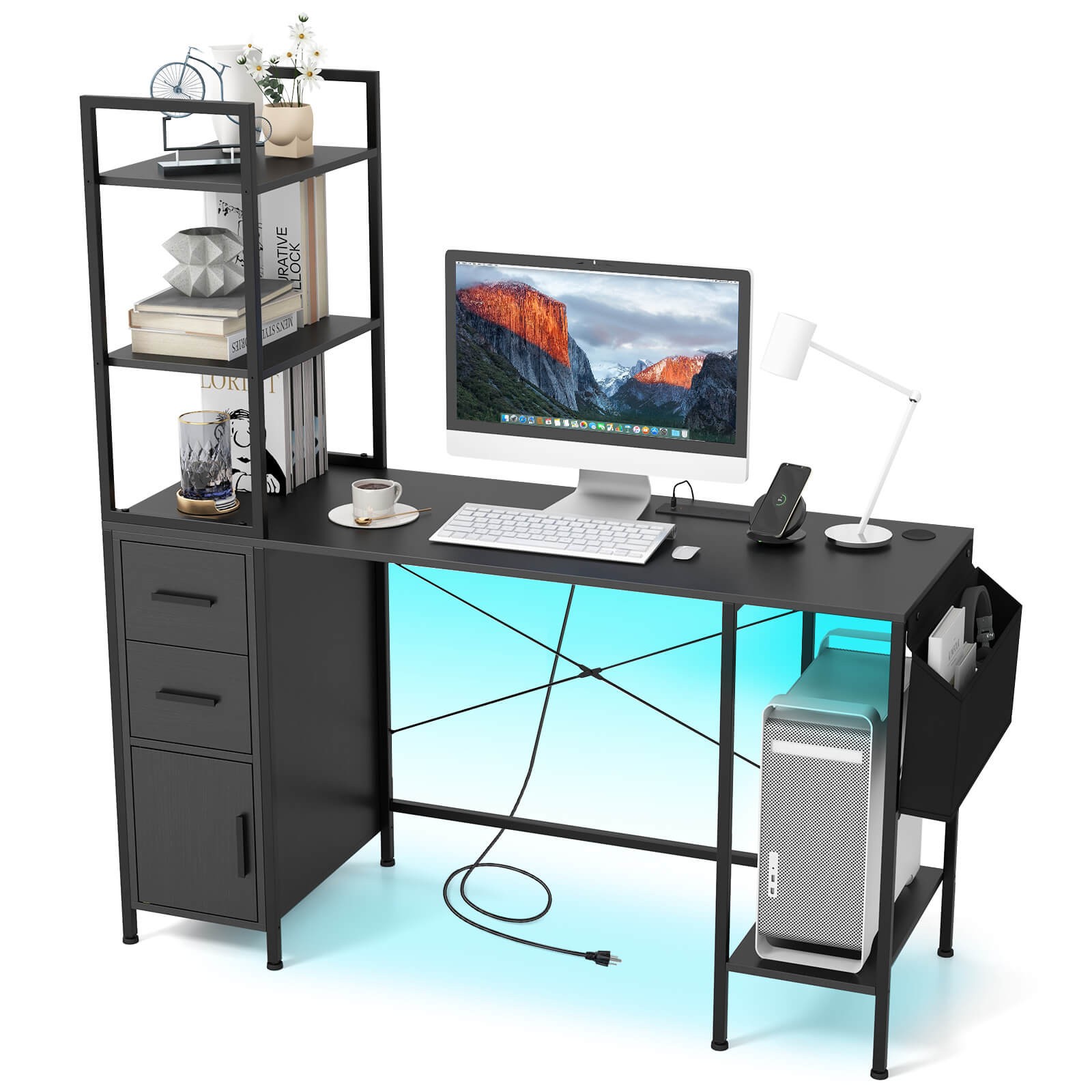 Office Desk w/ LED Lights & Power Outlets Open Shelves 2 Drawers Cabinet