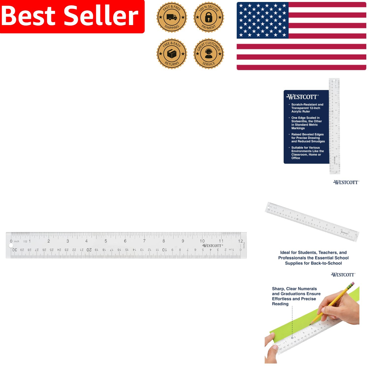 Scratch-Resistant 12-Inch Acrylic Ruler with Raised Edges for Enhanced Accuracy