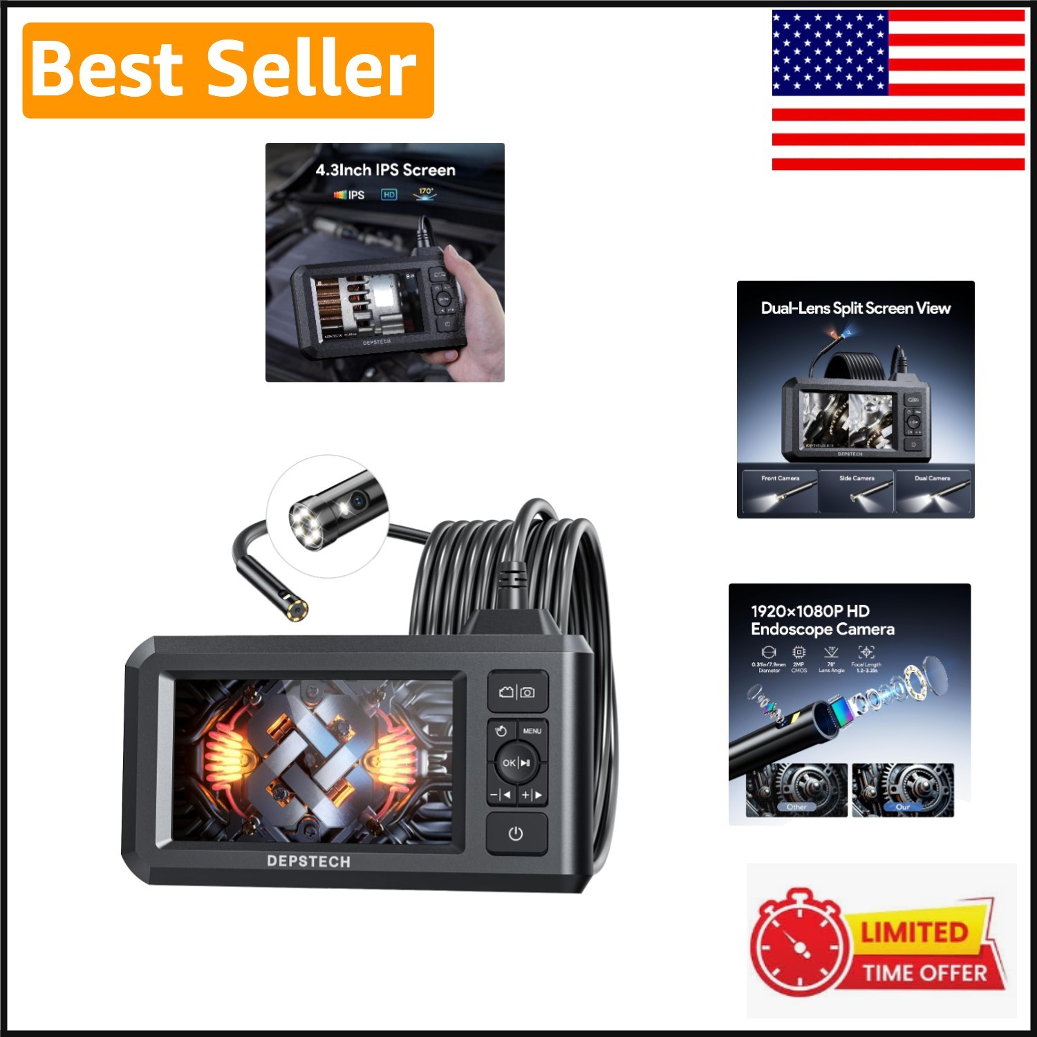 Industrial Grade 1080P Endoscope Camera with 16.5FT Flexible Snake and LED Light