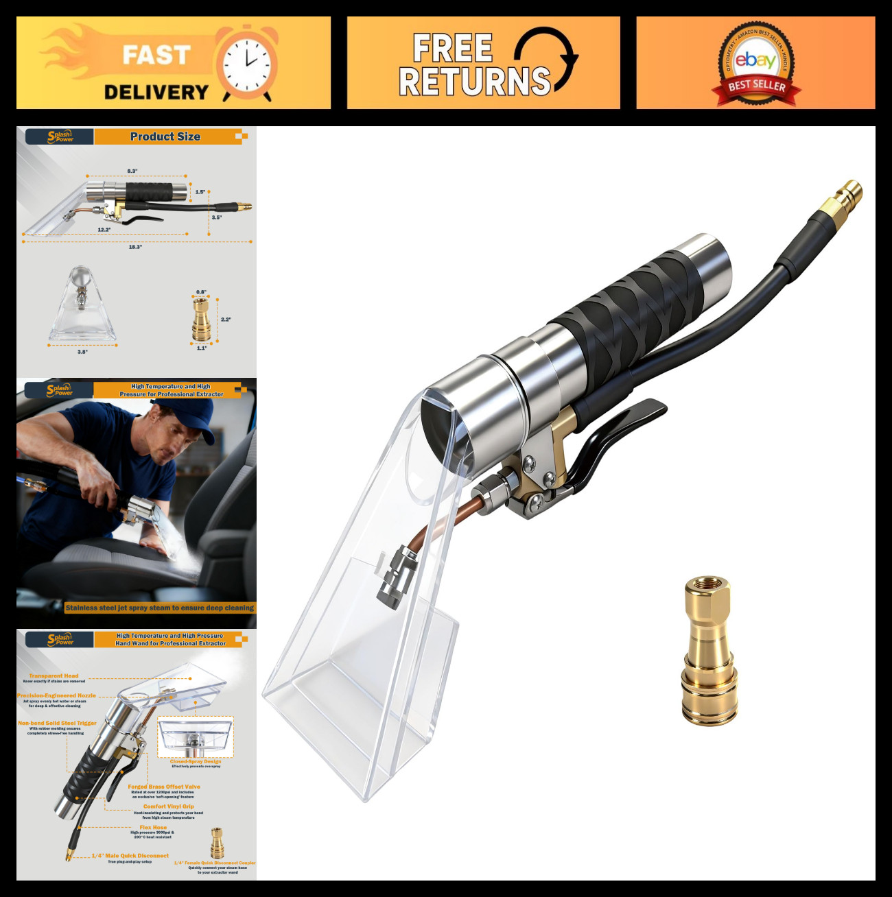 High-Pressure Upholstery Extractor Tool, Clear Head Carpet Wand for Auto Detaili