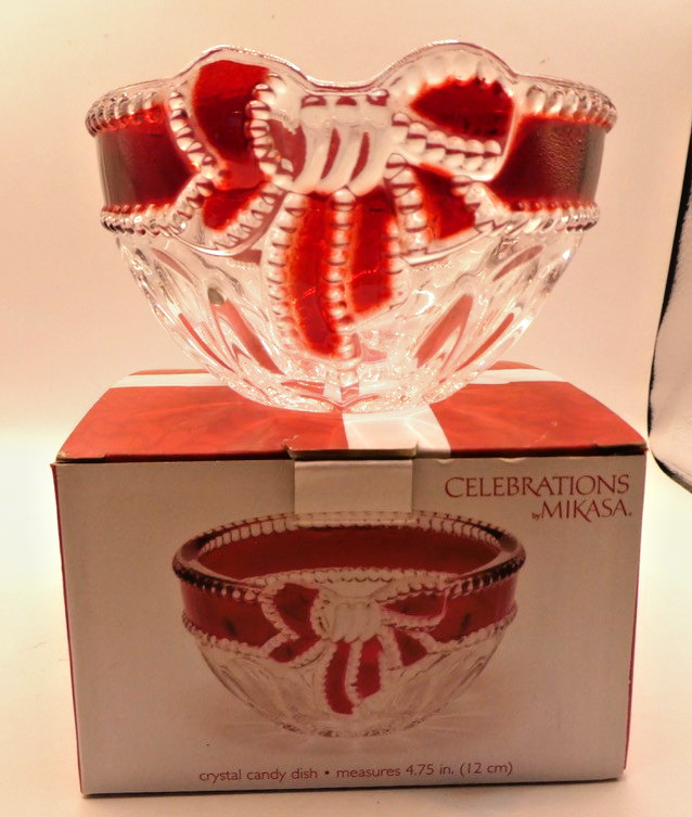 Mikasa Celebrations Ruby Red Ribbon Crystal Candy Dish Size: 4.75” NIB