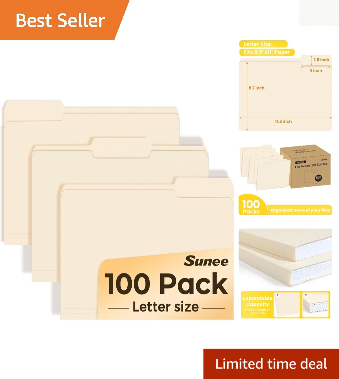 Manilla Folders, 100 Count - Letter Size with Convenient 1/3 Cut Tabs
