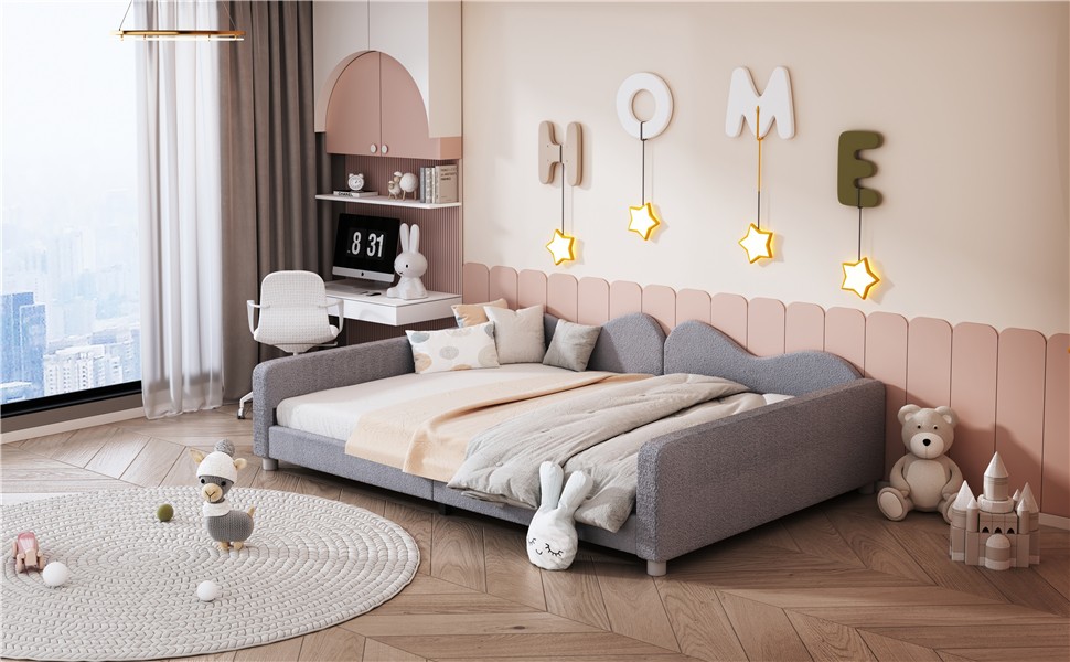 Full size Upholstered Daybed, Sherpa Fabric Sofabed with Cloud-Shaped Backrest