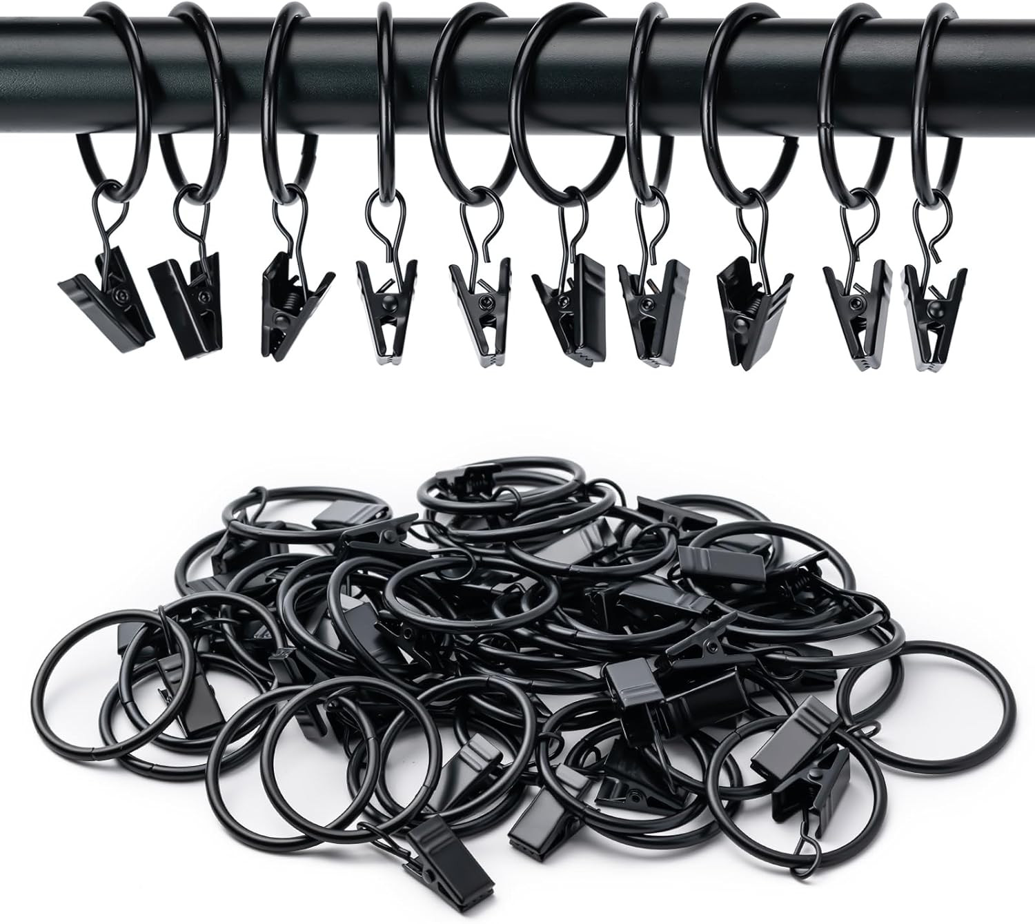 BOOMIBOO 36 Pack Curtain Rings with Clips, 1.26" I D 36 Pack, Black