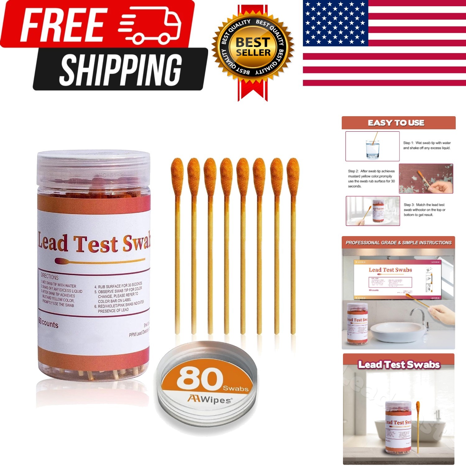 Lead  Swab Kit 80 Pcs Rapid Home Testing Swabs, 30-Second Results Dip in Wate...