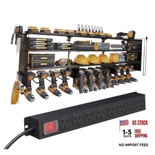 53" Power Tool Organizer Wall Mount 12 Slots with 8 Outlets Power Strip Black