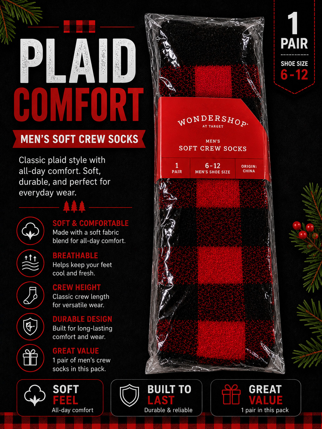 Wonder shop men’s super soft crew socks (1 Pair) 7-a