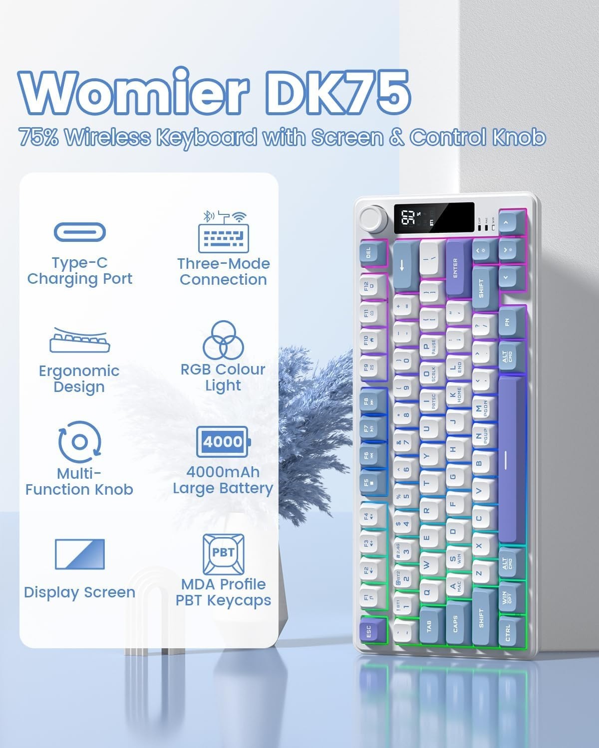 Elegant Womier DK75 Wireless Gaming Keyboard with RGB Backlighting, 75% Layout