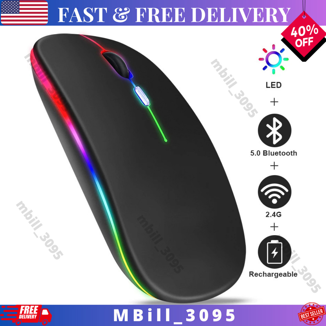 RGB Bluetooth Wireless Mouse Rechargeable Ergonomic USB for PC Laptop iPad