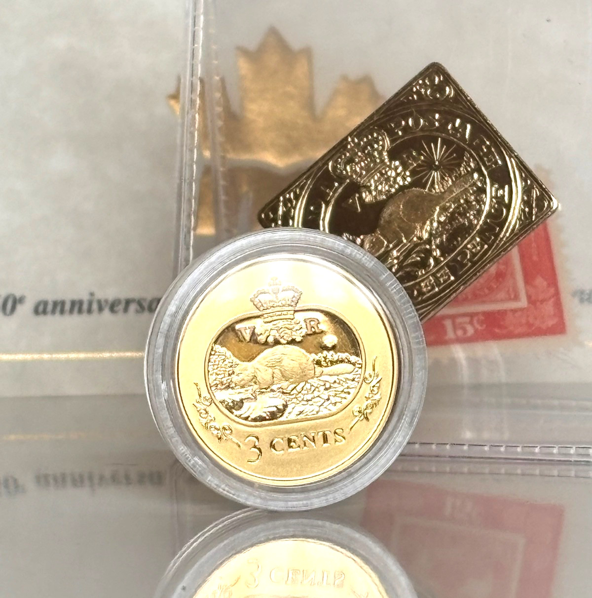 5.3g 2001 Canada Silver 3 Cents Beaver UNC + COA, Gold Stamp Set 3 Cent .925