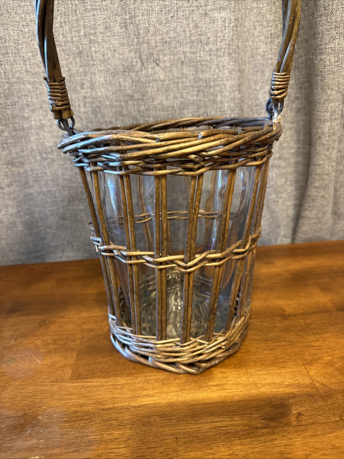 Lot of 2 Vintage Wicker Baskets With Glass Insert Plant Candle Flower Handles