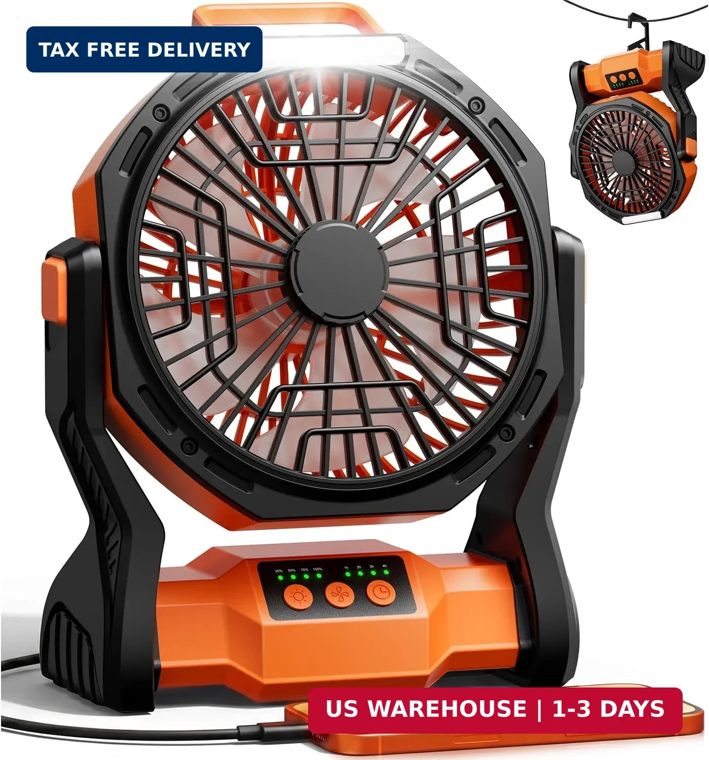 Camping Fan Rechargeable, 20000mAh Battery Powered Fan with LED Light & Hook, Po