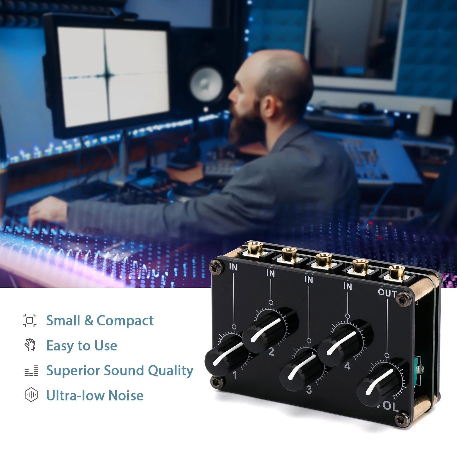 4 Channel 3.5mm Portable Stereo Audio Mixer With Multi-Device Compatibility