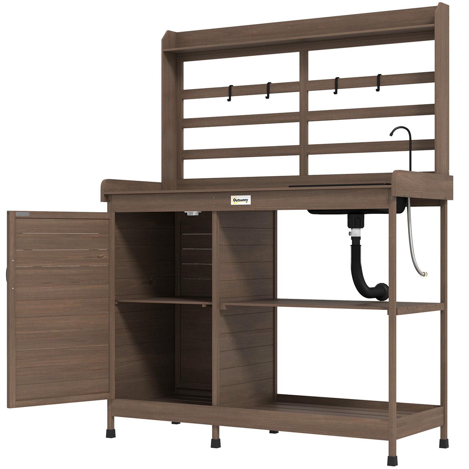 Wooden Potting Bench with Storage, Sink, Water Tap Dark Brown