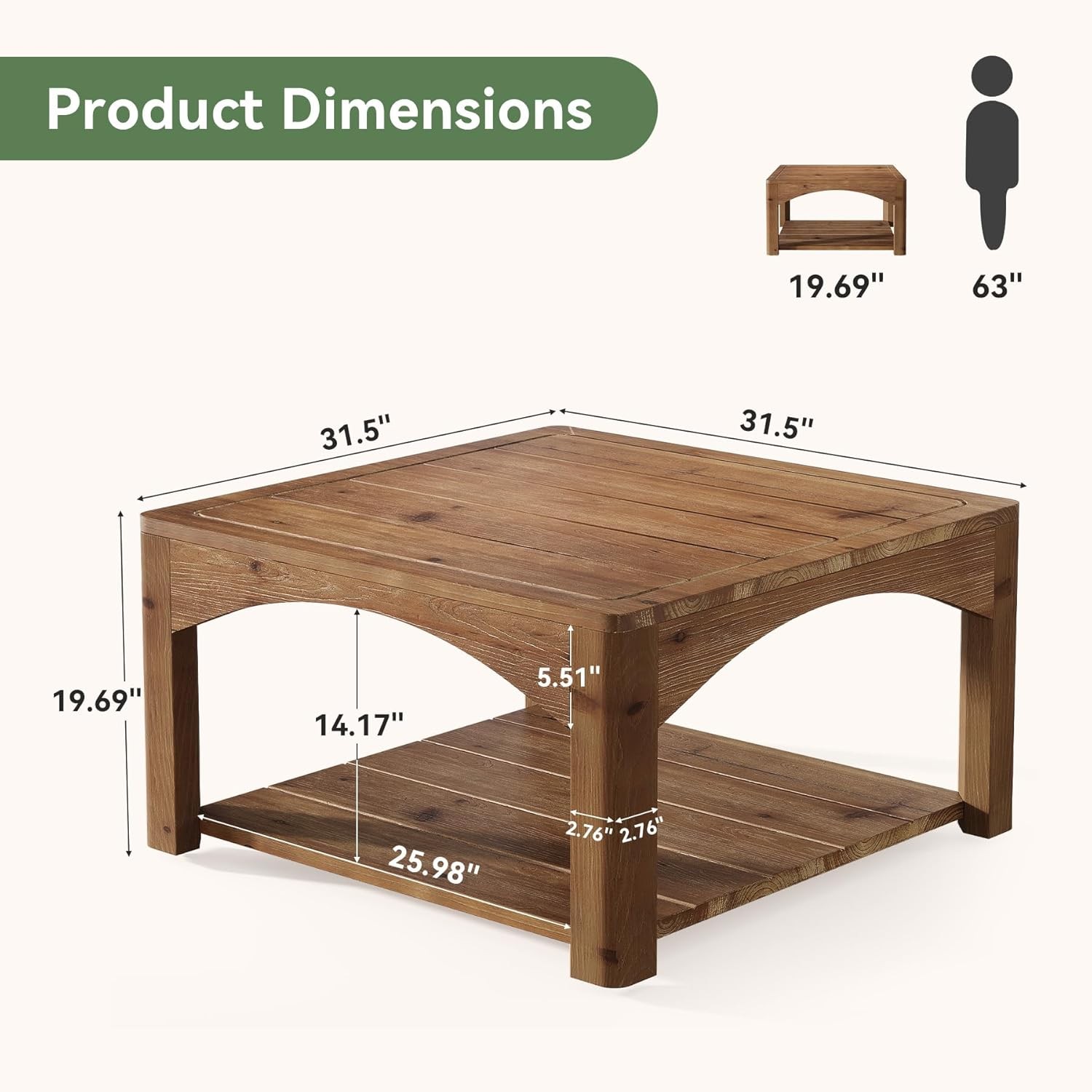 31.5-Inch Solid Wood Coffee Table 2 Tier Square Center Table for Living Room