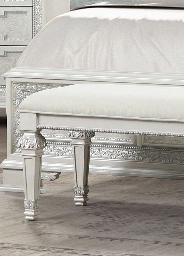Metal Silver Finish Traditional Bench Ornate Knobs Diamond Tufted Cream