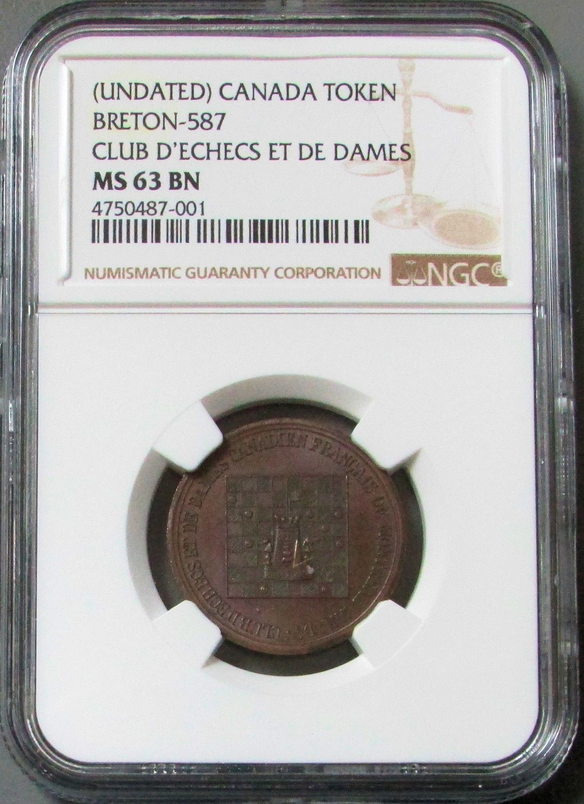 (1890's) CANADA TOKEN CLUB D'ECHECS ET DE DAMES TOKEN NGC MS 63 BN BRETON-587