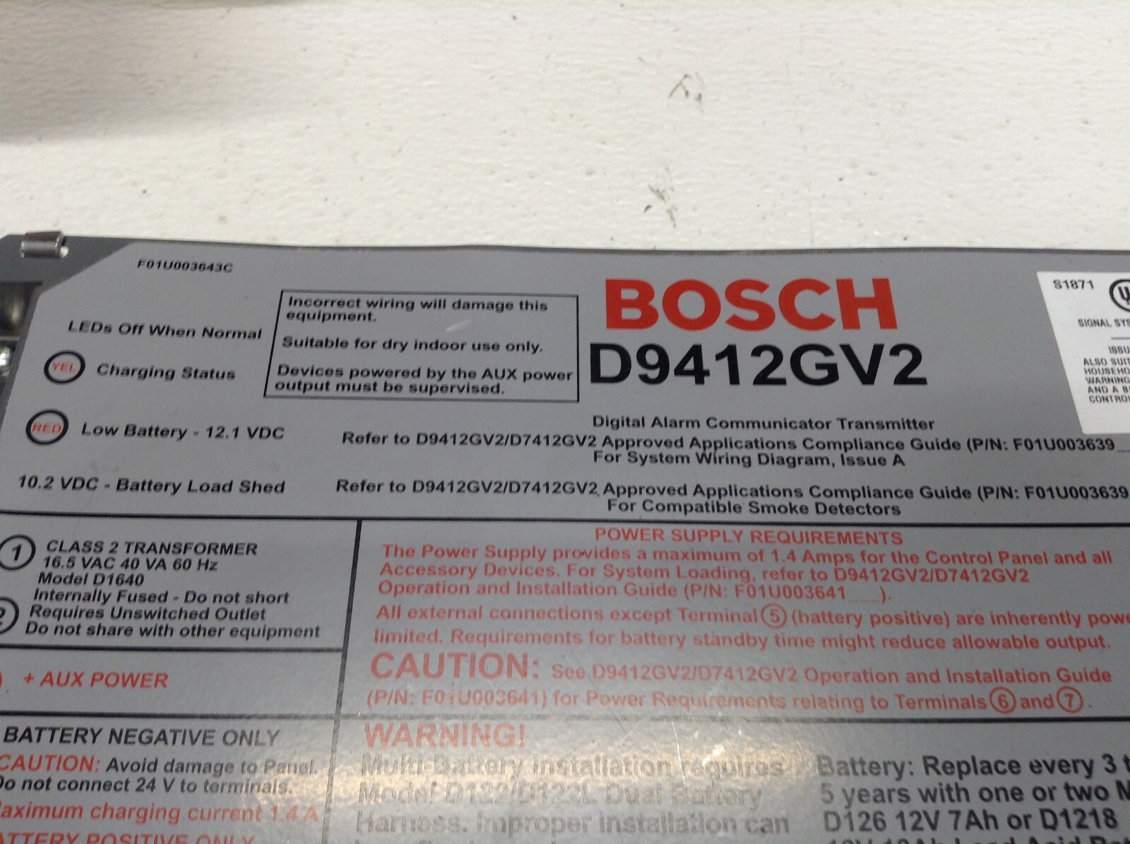Bosch D9412GV2 Commercial Protected Premises Control Panel