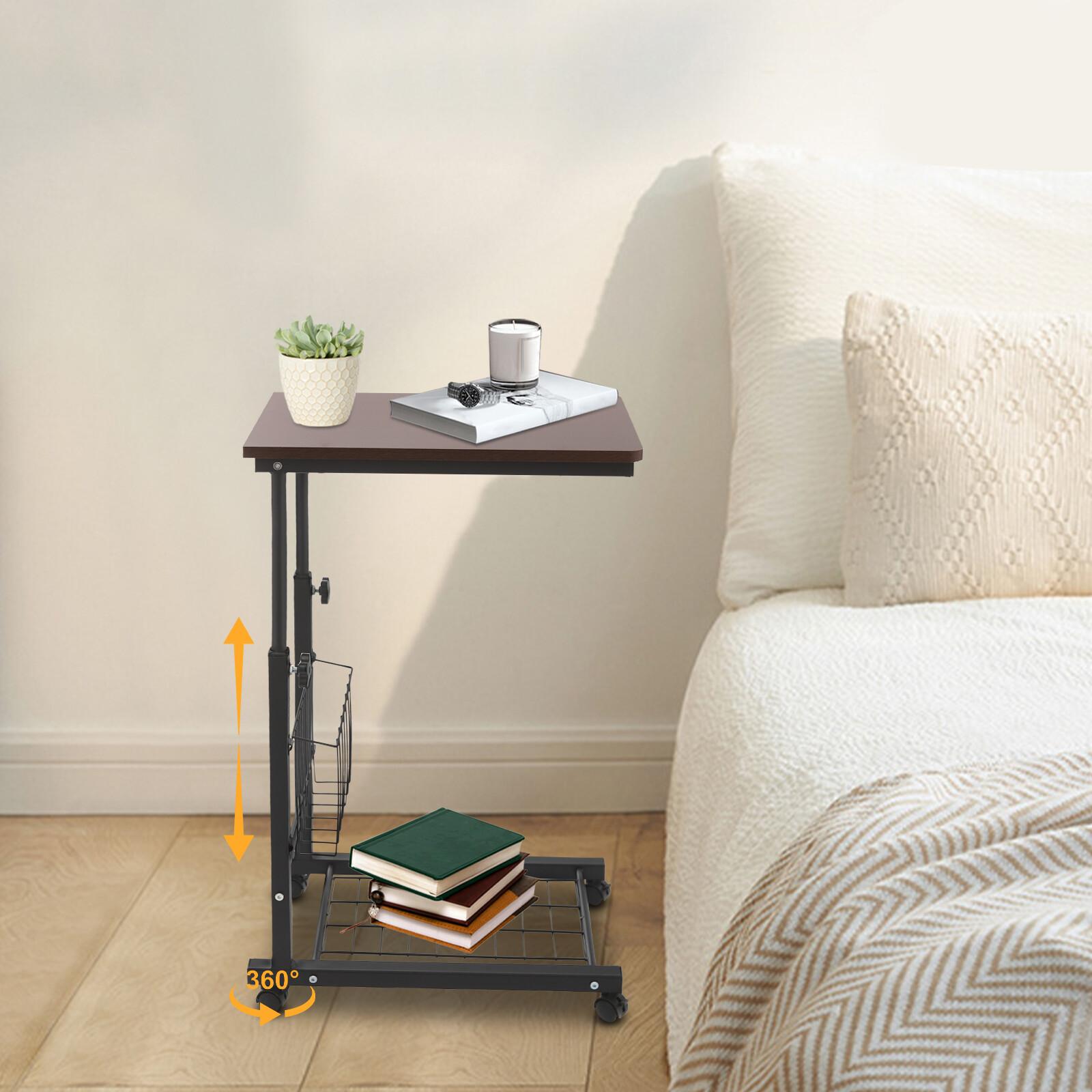 Adjustable Bed Side Table, Side Table with Wheels, Mobile Standalone TableUS