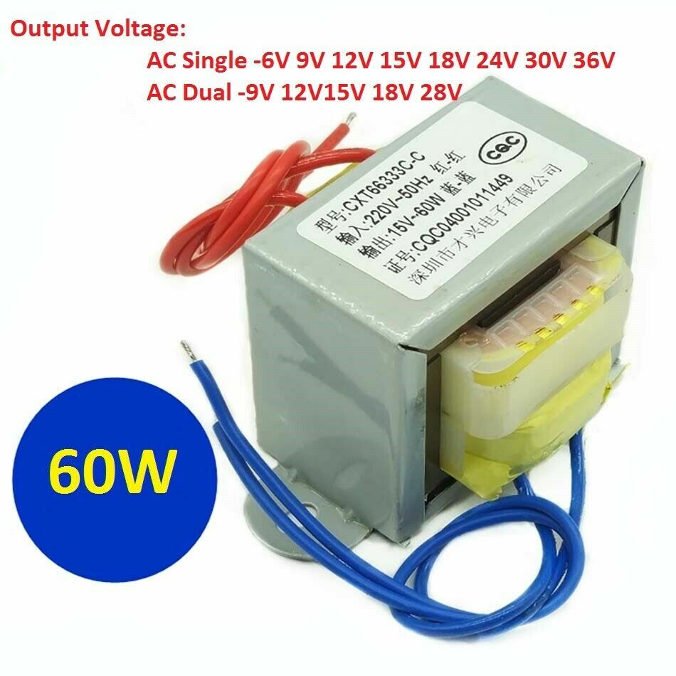 EI66 60W Power Transformer 220V TO 6V/9V/12V/15V/18V/36V AC Single/Dual DB-60VA