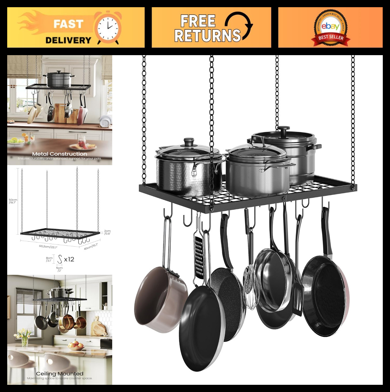 Ceiling Mounted Hanging Pot Rack - Metal Cookware Organizer with 12 Hooks, 23.7"