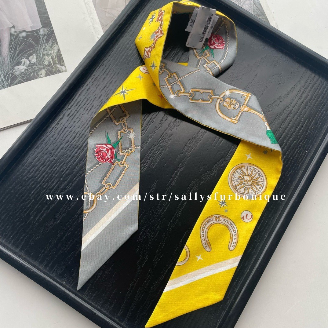 Sallys 18 Momme Twill Silk Scarf Ribbon Skull Print Hair Bag Neck Tie 85*5cm