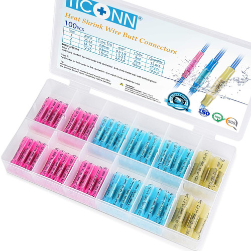 TICONN 100PCS Heat Shrink Butt Wire Connector Kit, 100PCS, Red, Blue, Yellow