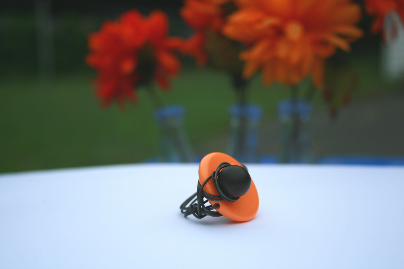 Large Wire Wrapped Statement Ring, Orange Disc with Ball Charm, Size 8, NEW