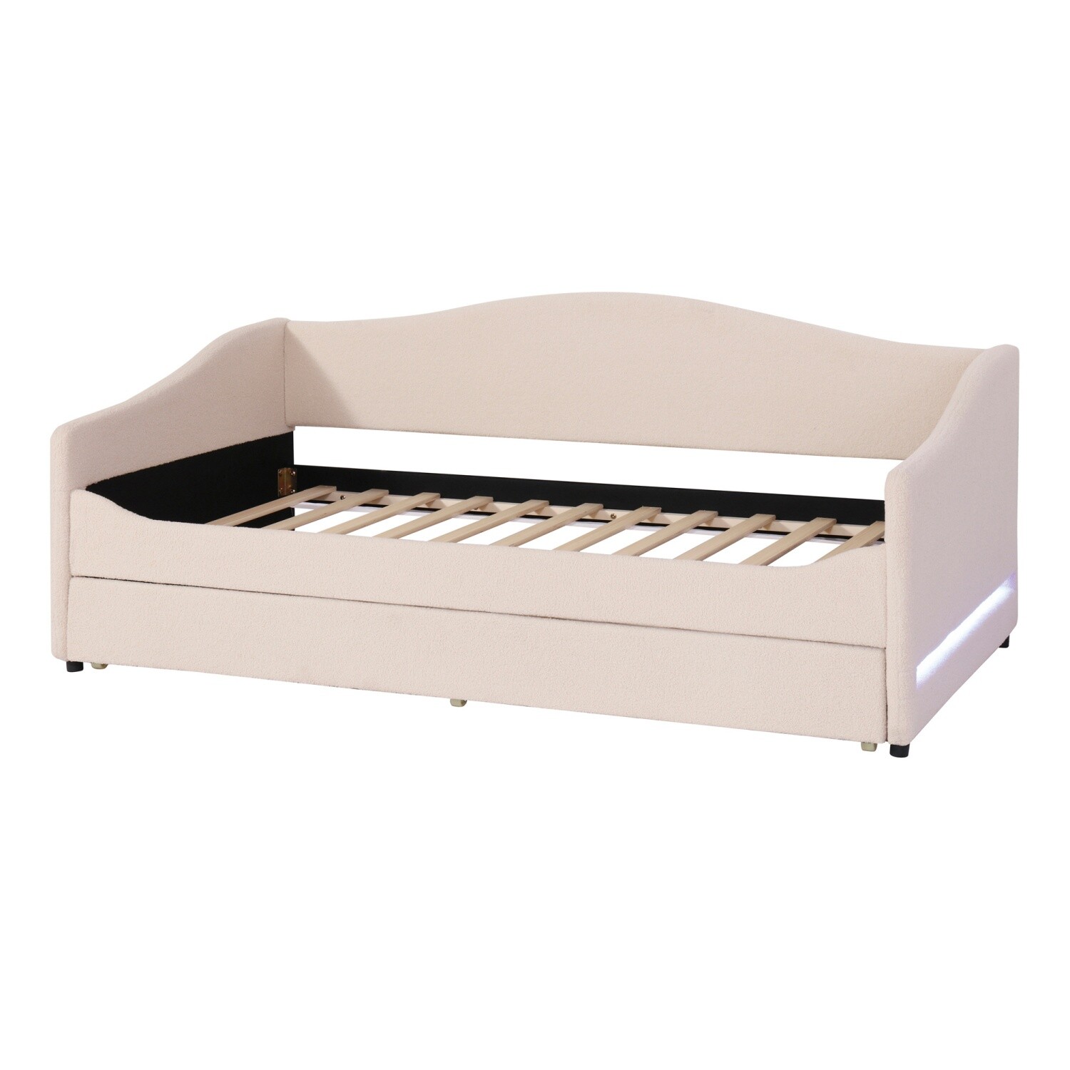Twin Size Daybed Upholstered Bed Frame Sofa Bed w/ Trundle Bed & LED Lights