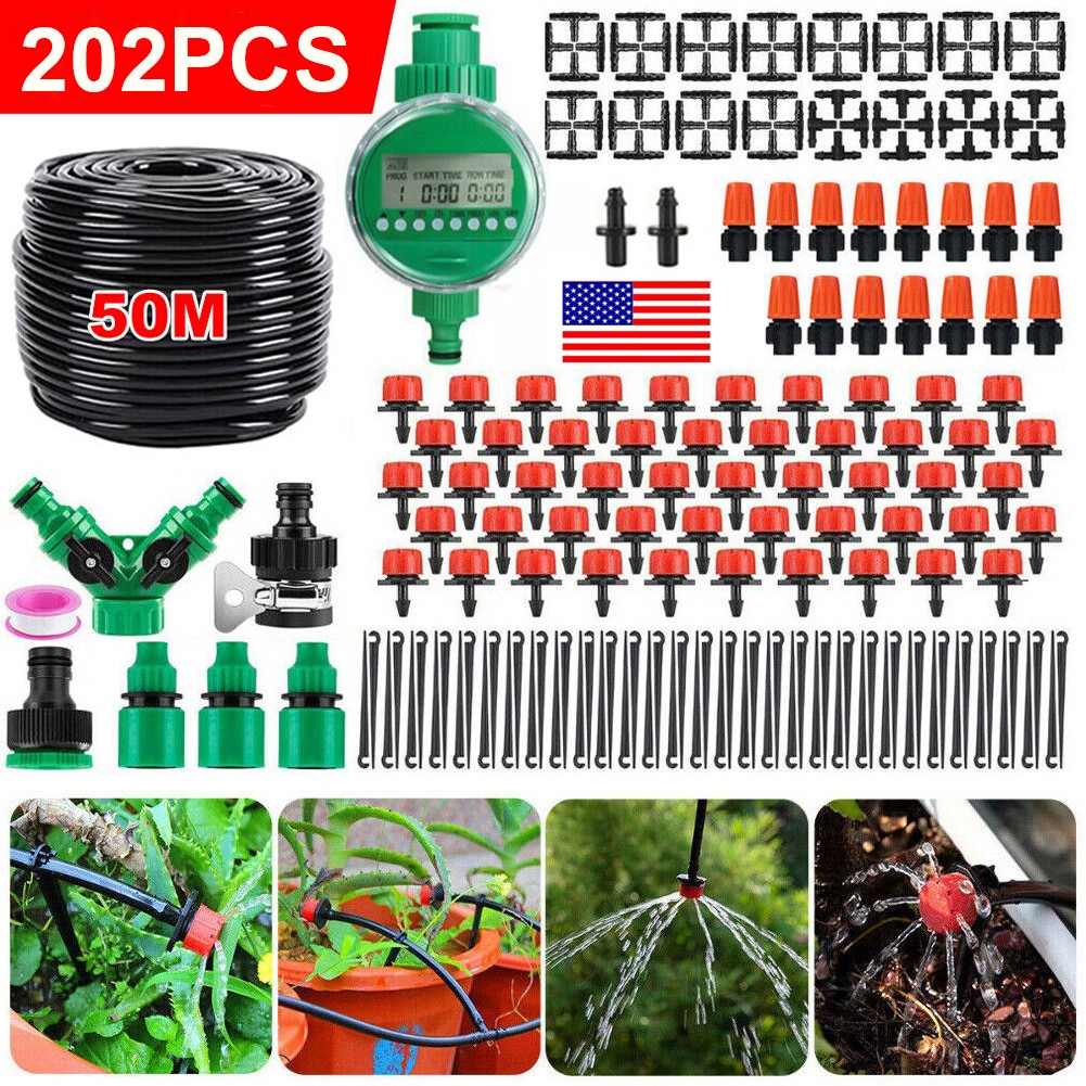 202pcs 164ft Drip Irrigation System Plant Timer Garden Self Watering Hose Spray