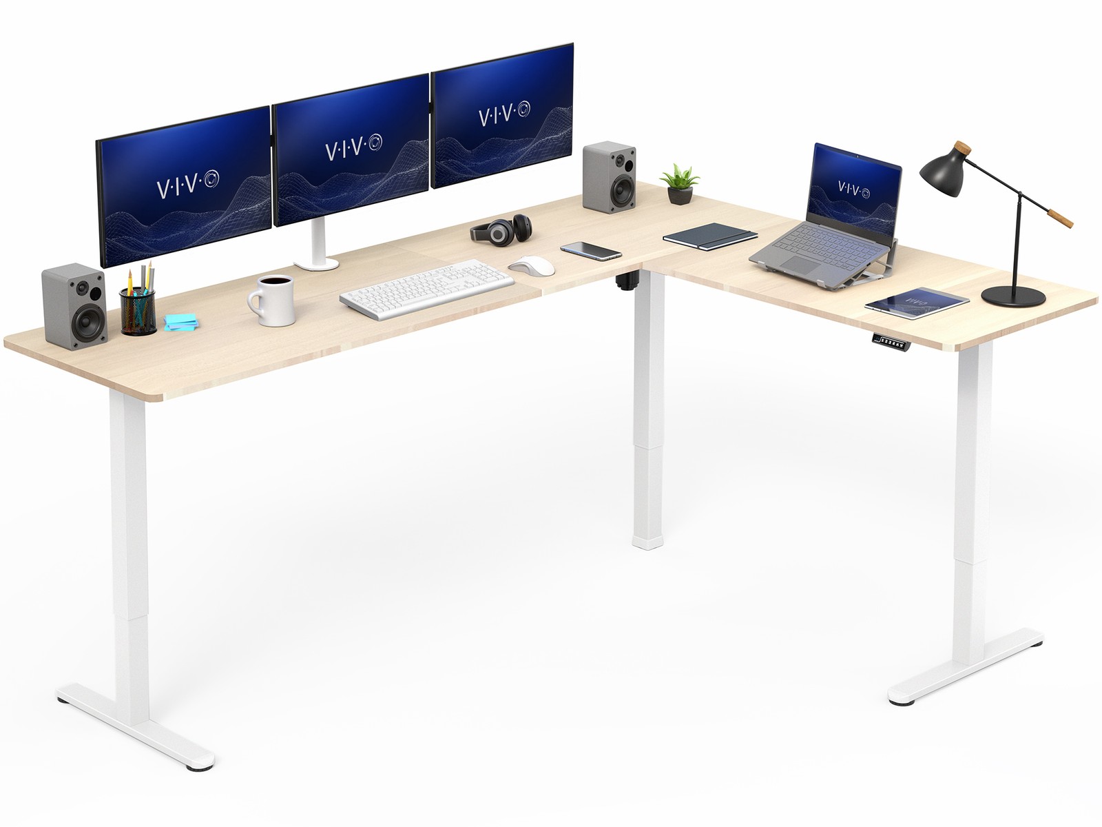 VIVO Light Wood / White Electric 84" x 63" Corner Desk, L-Shaped Workstation