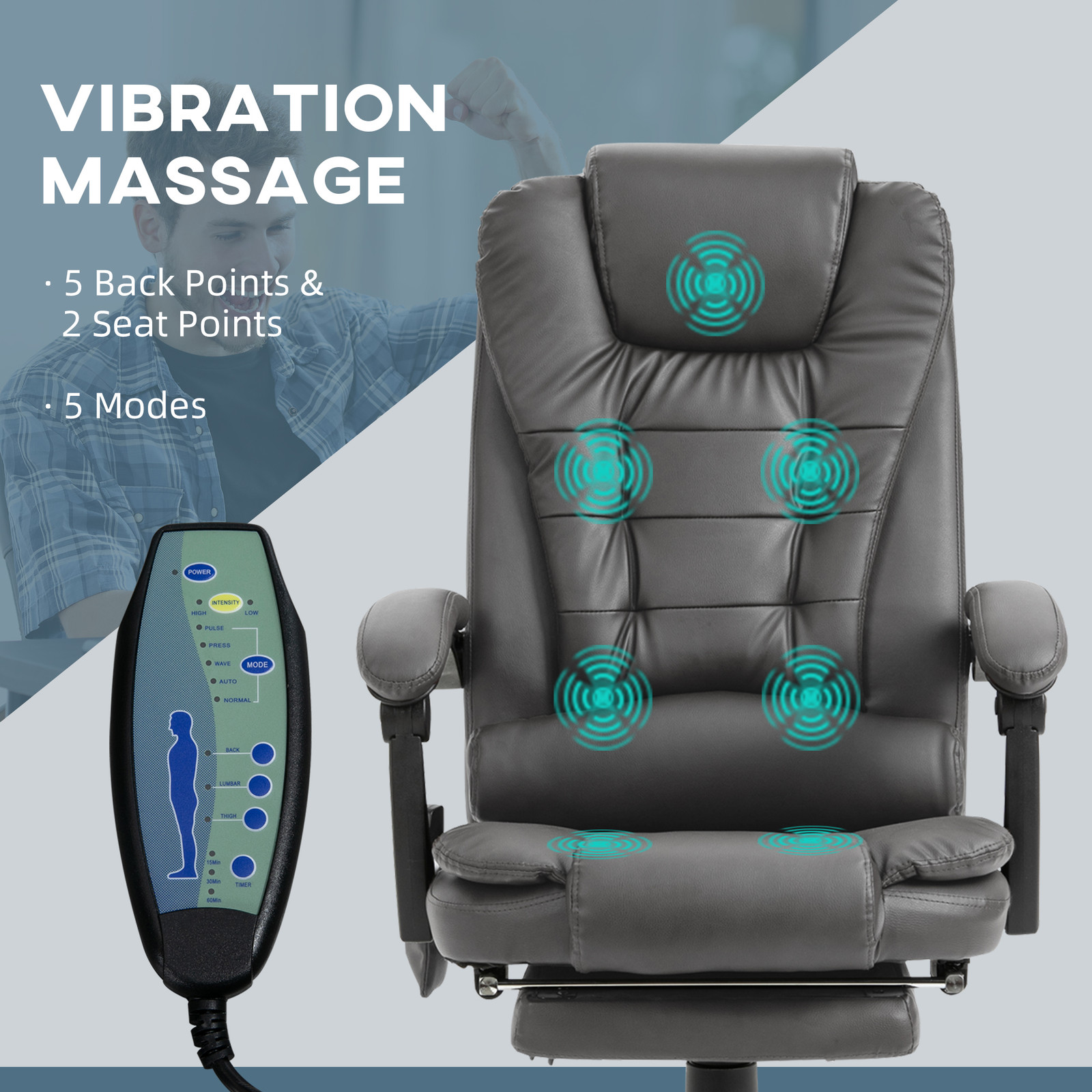PU Leather Massage Computer Chair w/ Padded Seat and Adjustable Height, Grey